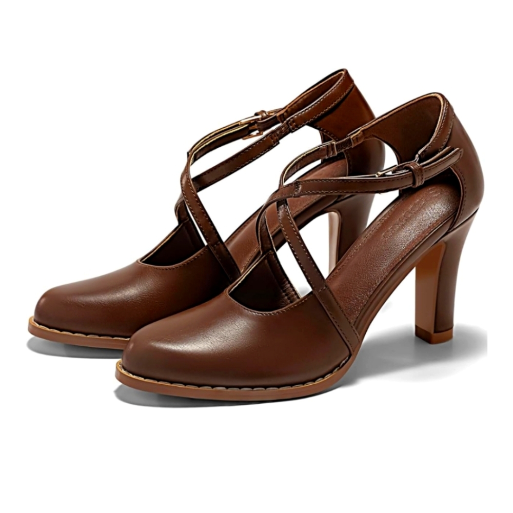 NEW chic Brown Leather chunky Heel Pumps.
